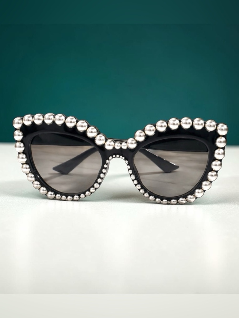 Pearl-Embellished Black Cat-Eye Sunglasses